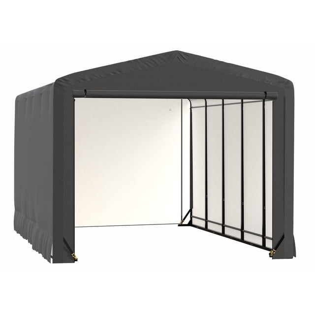 ShelterTube Wind and Snow-Load Rated Garage, 12x23x10 Gray, front-facing view of a rectangular outdoor storage shelter with a gray waterproof triple-layer fabric cover and black powder-coated 2-inch square tube steel frame, featuring zippered doors on both ends for easy vehicle access, wind rated to 65 MPH and snow rated to 35 pounds per square foot, ideal for year-round protection of vehicles, boats, and equipment.