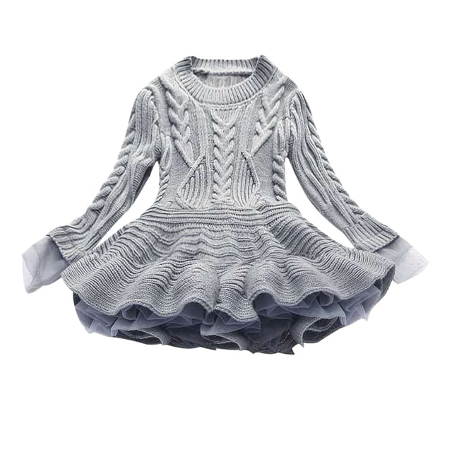 MeetoTime Girls Clothes 2-11 Years Solid Color Round Neck Long Sleeve Hem Mesh Sweater Dresses for Girl