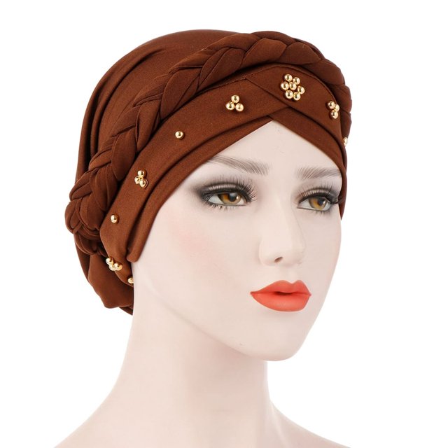 MesaSe Cap Women Solid Color Braid Beads Decoration Hat Soft Head Scarf Cap Headwrap
