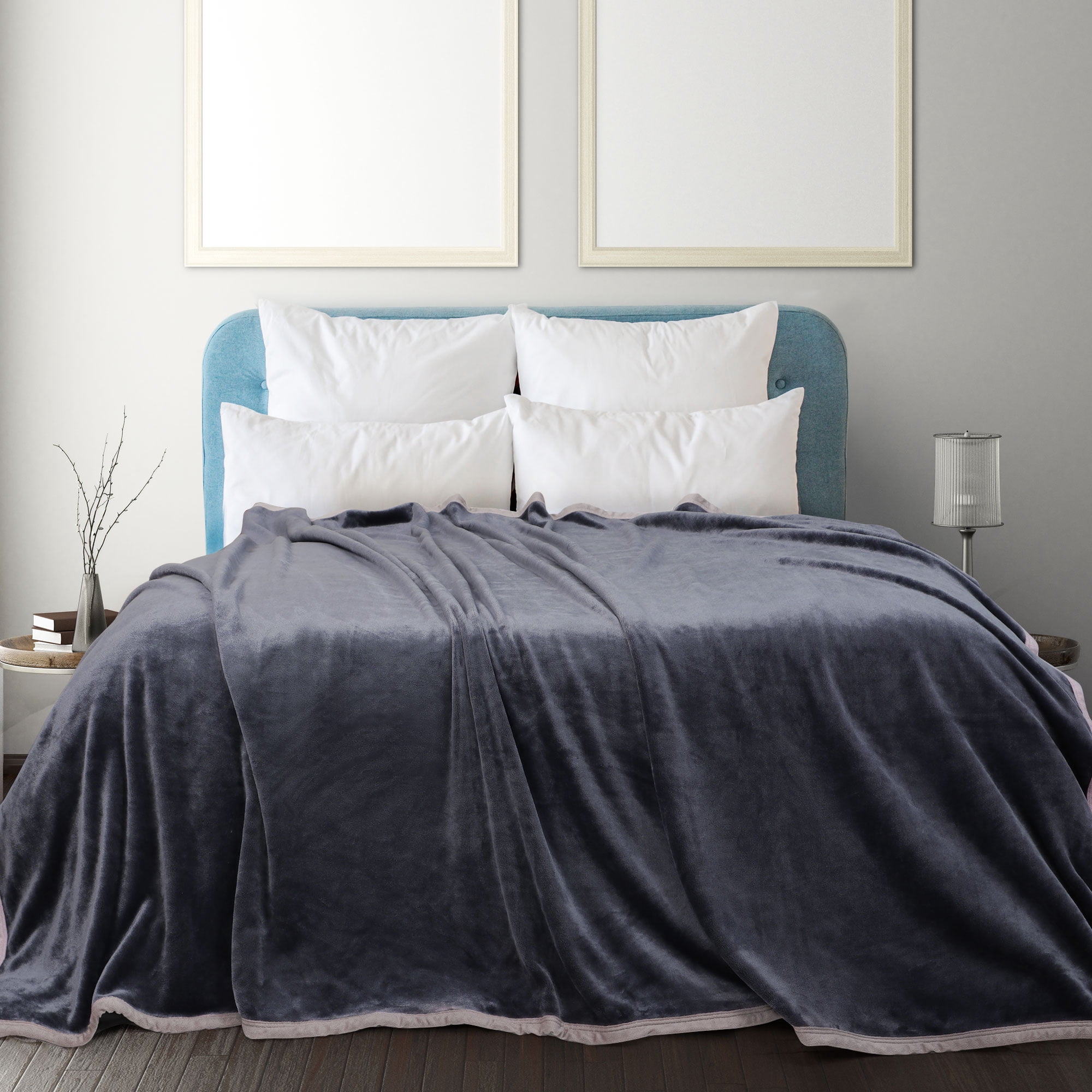 PiccoCasa Flannel Fleece Blanket Soft Warm Wide Hemmed Gray Queen