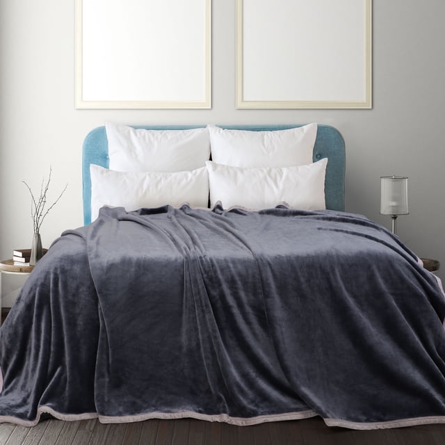PiccoCasa Flannel Fleece Blanket Soft Warm Wide Hemmed Gray Queen