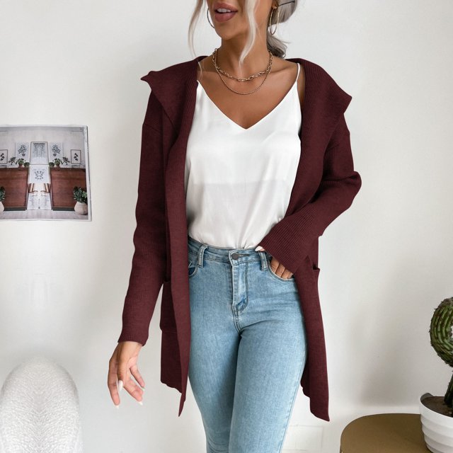Light Cardigans for Women Fashion Strip Knit Hooded Sweater Cardigan Jacket on Clearance