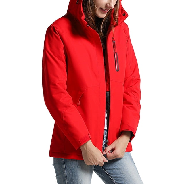 WEIYLL Fleece Jacket Women Soild Color Detachable Hat Velvet Usb Charging Heating Windproof Hiking Red Fall Coats Size S