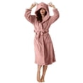 thumbnail image 1 of AherBiu Womens Robes Lightweight Fuzzy Fleece Warm Midi Bathrobe Soft Plush Belted Robe with Hood, 1 of 7