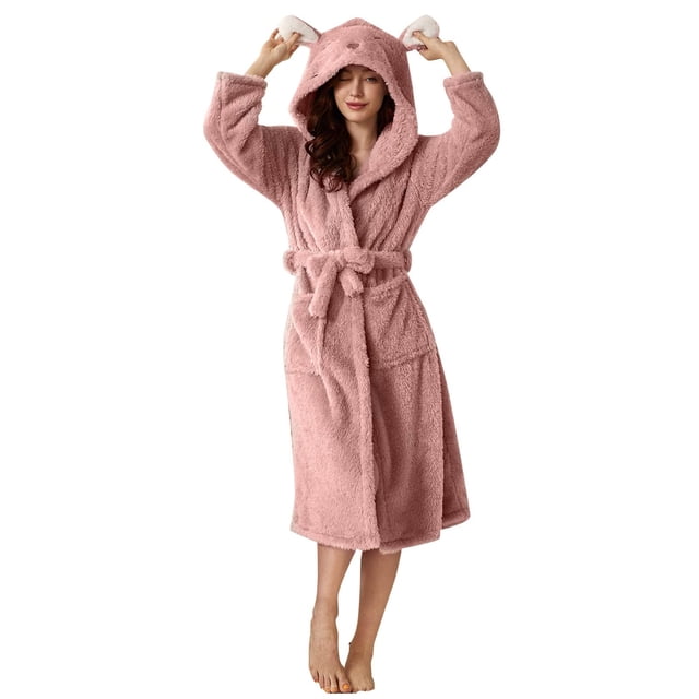 AherBiu Womens Robes Lightweight Fuzzy Fleece Warm Midi Bathrobe Soft Plush Belted Robe with Hood