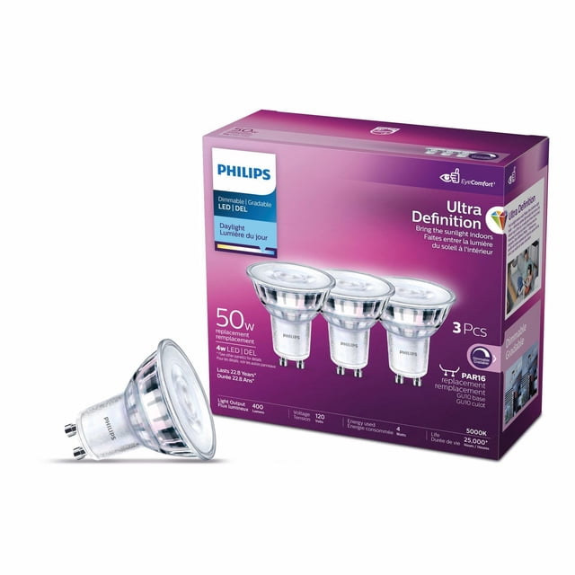 PHILIPS 4W (50W) GU10 Base Daylight Ultra Definition Dimmable LED Light Bulb 3 Pack featuring three clear LED reflector bulbs on purple packaging with 400 lumens, 5000K daylight color, dimmable function, 25,000 hours lifespan, and energy-efficient halogen replacement suitable for home lighting.