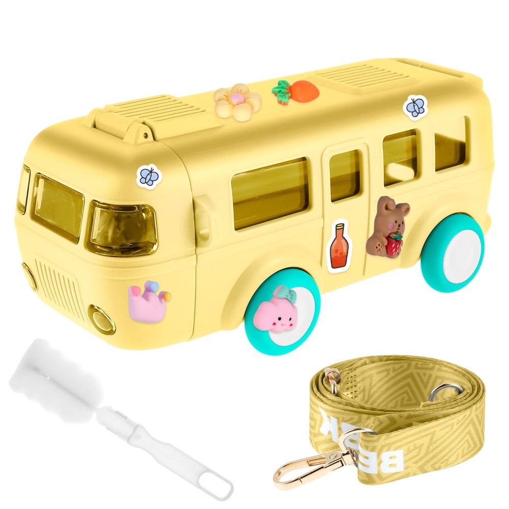 Bus Shape Water Cup with Straw Removable Bus Water Bottle with Shoulder Strap Leakproof Bus Bottle Cup Kids Cartoon Water Bottle