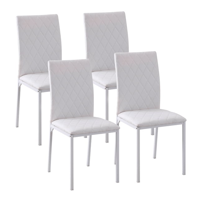 HOMCOM Ensemble de 4 Chaises de Salle à Manger, avec Sièges Rembourrés en Similicuir Blanc à Capitonnage en Losanges et Dossiers Hauts pour Soutien Lombaire. les Chaises Ont des Pieds en Acier Enduit de Poudre avec Capuchons Antidérapants pour la Stabilité et la protection du Plancher. Conçues pour les Chaises de Salle à Manger Ou d'Appoint, Chaque Chaise Mesure 16,1 Pouces de Largeur, 19,7 Pouces de Profondeur et 35,8 Pouces de Hauteur. Assemblage Requis.