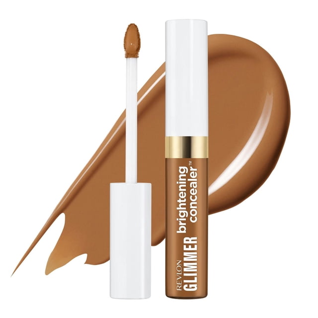 Glimmer Brightening Concealer™ by Revlon in medium warm brown with white cap and gold band, shown with applicator wand and smooth product swatch, designed for buildable coverage, colour correcting, brightening under-eyes, and smoothing fine lines.