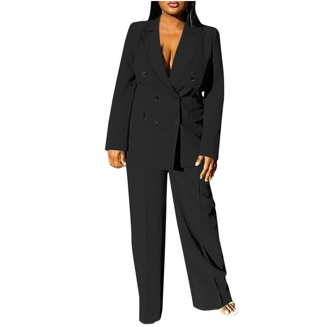 Professional Women's Blazer Set, Business Office Suit, Button Front Long Sleeve Blazer, High-Waisted Pants, Solid Color, For Corporate Work, Elegant Styling, 100% Polyester, For Office/Events
