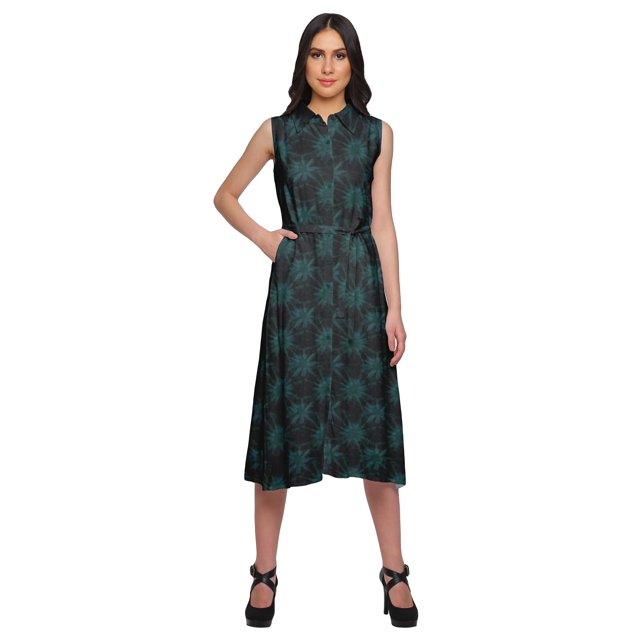 Moomaya Adjustable Fabric Belt Printed Lapel Collar Button Down Casual Dress