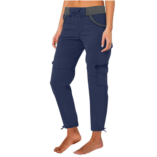 Jsaierl Womens Casual Loose Cargo Pants Elastic Waist Drawstring Plus Size Pants Comfy Adjustable Leg Opening Straight Leg Pants with Pockets