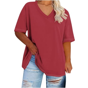 Mrzvby Hauts Grande Taille pour Femmes Été T-Shirts Surdimensionnés Tees T-Shirts à Col en V T-Shirts d'Été Manches Mi-Longues Tees Tunique à Col Rond