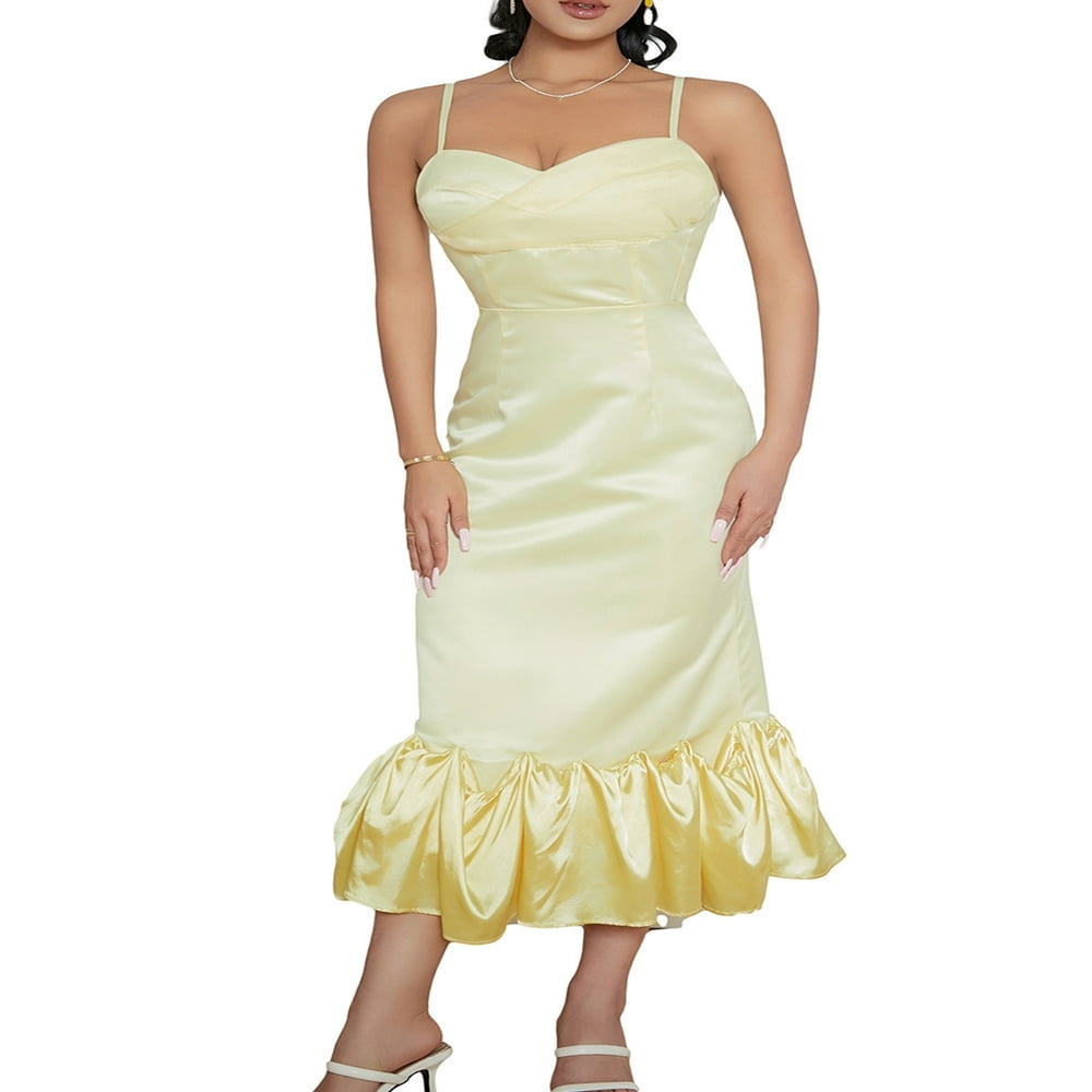 EIMELI Robe Maxi à Bretelles Spaghetti pour Femme Sans Manches Dos Nu Décolleté Plongeant Ourlet à Volants Longue Robe Sortie Robes Camisole