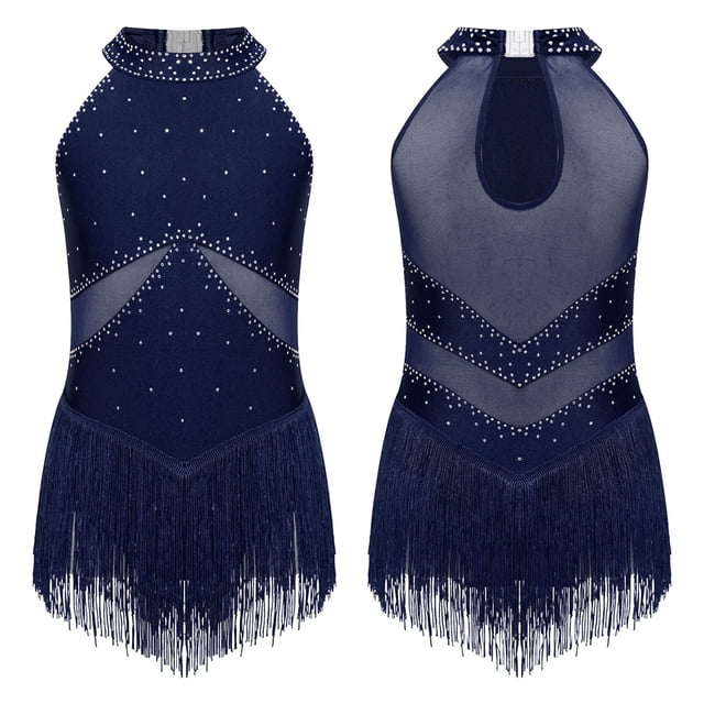 iefiel Combinaison de Danse Latine Rumba Salsa Tango à Franges pour Filles, Bleu Marine 16