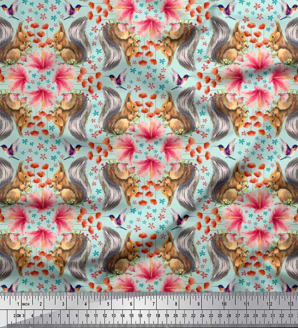 Soimoi Georgette Viscose Fabric Floral,Hummingbird & Squirrel Animal Print Fabric by The Yard 42 Inch Wide