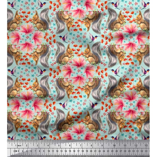 Soimoi Modal Satin Fabric Floral,Hummingbird & Squirrel Animal Decor Fabric Printed Yard 42 Inch Wide