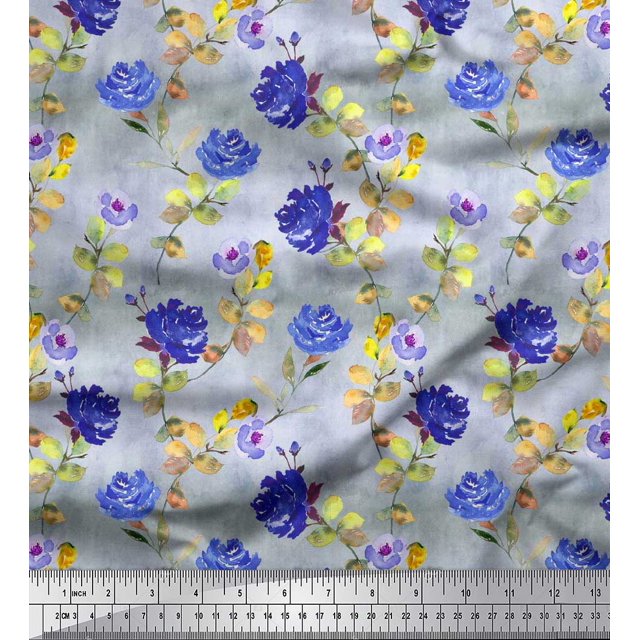 Soimoi Purple Polyester Crepe Fabric Leaves & Floral Printed Craft Fabric by The Yard 52 Inch Wide