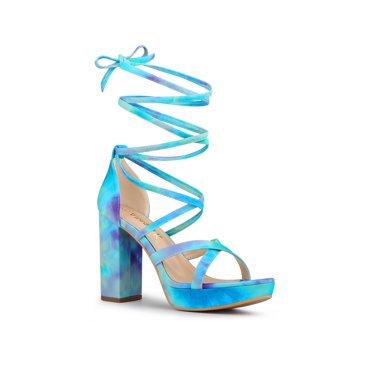 BLISSFUL STEP Sandales pour Femmes Teinture sur Nœuds à Lacets Plateforme Bout Ouvert Talon Épais Chaussures de Soirée Cyan 8.5