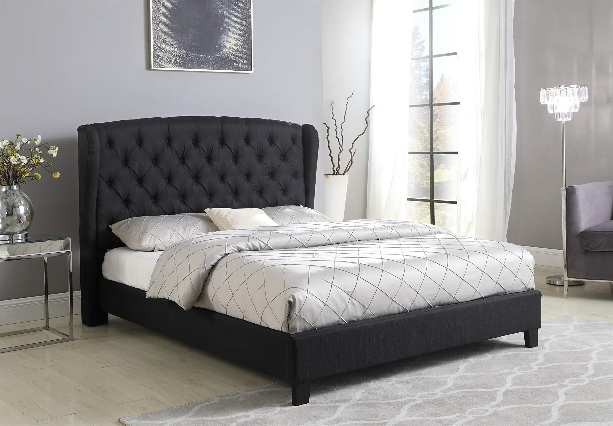 Best Master Frances Solid Wood/Fabric Upholstery Queen Platform Bed in Black