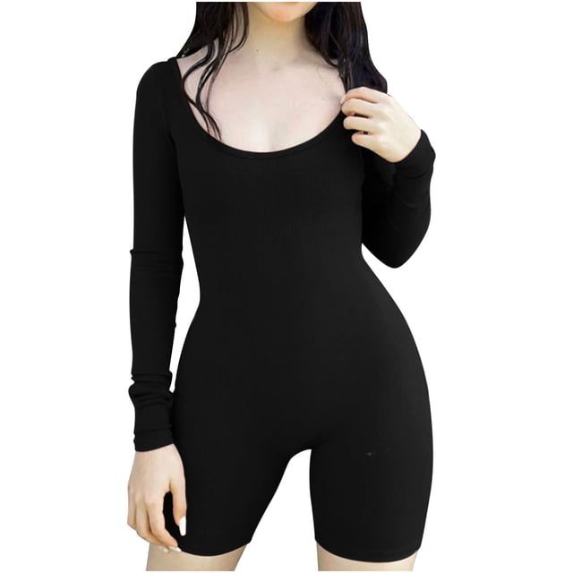 Womens Yoga Jumpsuits One Piece Workout Ribbed Long Sleeve Rompers Outfits U Neck Sport Exercise Jumpsuits Bodysuits