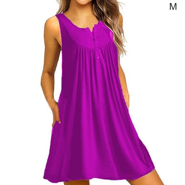Robe Femme Plissée à Boutons Gilet T-shirt Décontractée à Poches Robe Débardeur Robe Plissée, Violet, m