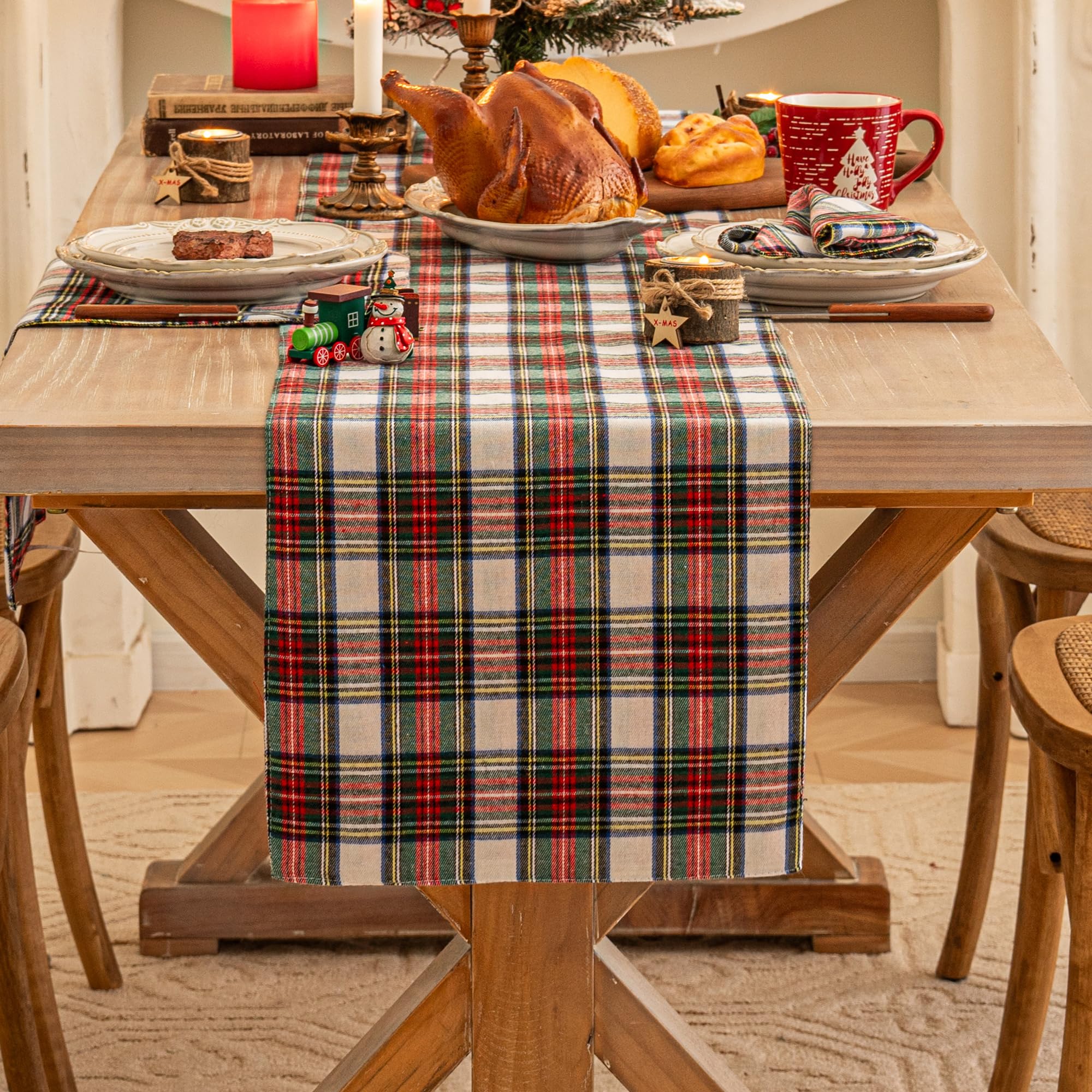 Plaid Christmas Table Runner, Winter Holiday Snowflake Table Runners, Xmas Decorations Indoor Outdoor Farmhouse Home Kitchen Dining Party Decor