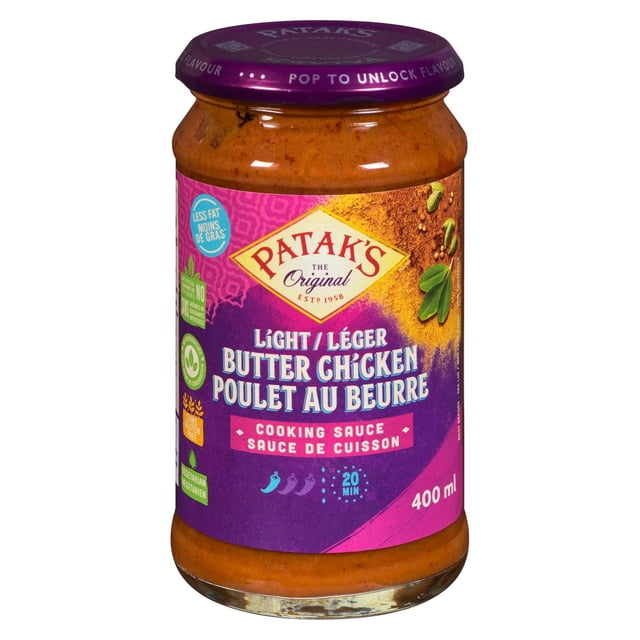 Patak's Sauce de Cuisson au Poulet au Beurre Léger dans un Pot en Verre de 400 ml avec Couvercle et Étiquette Violets, avec Allégations Moins Gras, Sans gluten, Végane et Végétarien, Idéale pour Préparer un Cari Indien Doux en 20 minutes.