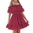 thumbnail image 2 of MKOSPLRT Robes à Volants pour Fille Sans Manches à Épaules Dénudées Robe Évasée Ligne A Robe Unie Décontractée de Plage et de Fête Robe Fluide de Mariage Robe Courte, 2 of 7
