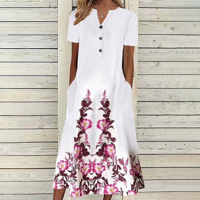 Pisexur Robe à Manches Courtes à Col en V Longueur Genou Mode Femmes Été Imprimé Décontracté Col en V Bouton Manches Courtes Vacances Poches Robe Femmes Robe