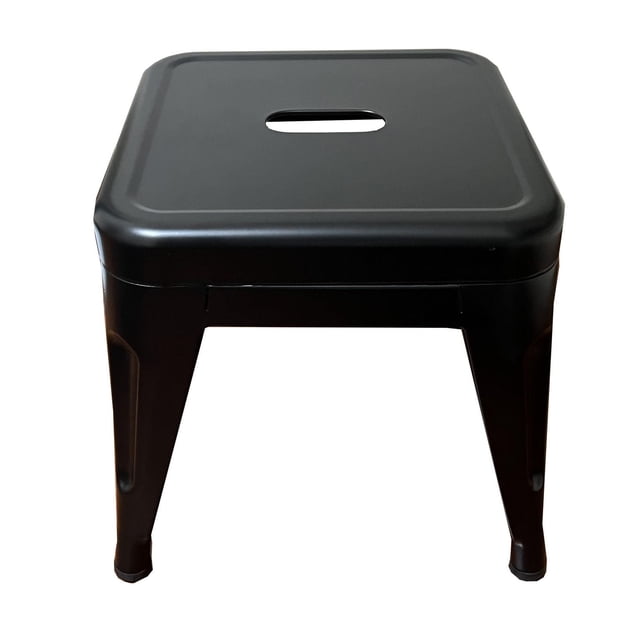 Homeworks 12" Black Metal Stool with a backless square seat featuring a central handle cutout, supported by a durable steel frame and non-slip feet for stability, suitable for indoor and outdoor use in kitchens, garages, or workshops, often used as a low step stool.