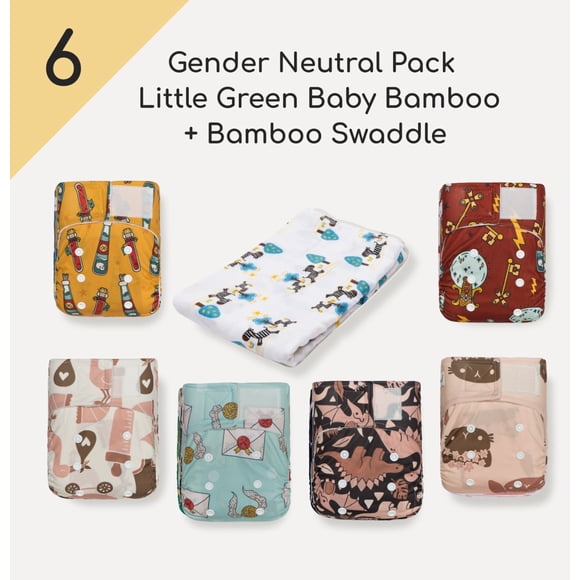 KaWaii Baby Newborn Bamboo Cloth Diaper Pack, 6 Little Green Baby Bamboo + 12 Bamboo Inserts w/ 1 Free Bamboo Swaddle