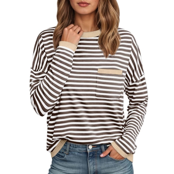 Huaizzzy Casual Loose Fit Long Sleeve T Shirt Striped Color Fall Winter Top Comfortable Soft Basic Daily Wear Tee Shirt Oversized Tees for Women Stretchy Shirts for Women Spandex Tee Stretch Shirts