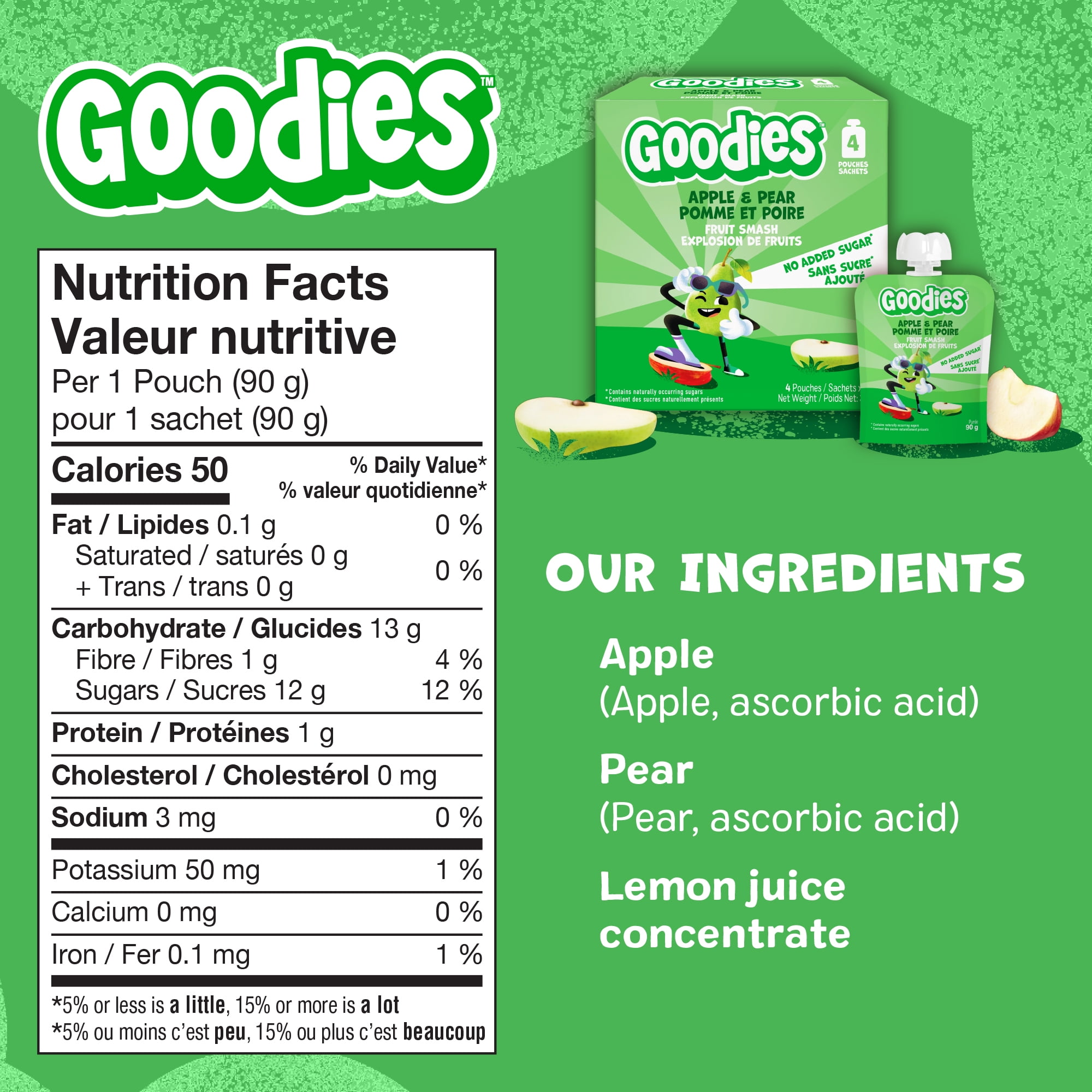 Goodies Purée de Pomme et Poire, Sans Sucre Ajouté, Collation pour Enfants (Emballage de 4), 90g
