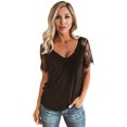 thumbnail image 1 of DYMADE Women Deep V Neck Lace Patchword Short Sleeve Tunic Top, 1 of 4