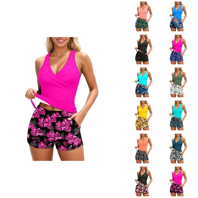Maillots de Bain Tankini pour Femmes 2026 Décontractés, Modestes, à Col en V Profond, Haut Croisé avec Short de Bain, Maillots de Bain Deux Pièces pour Femmes