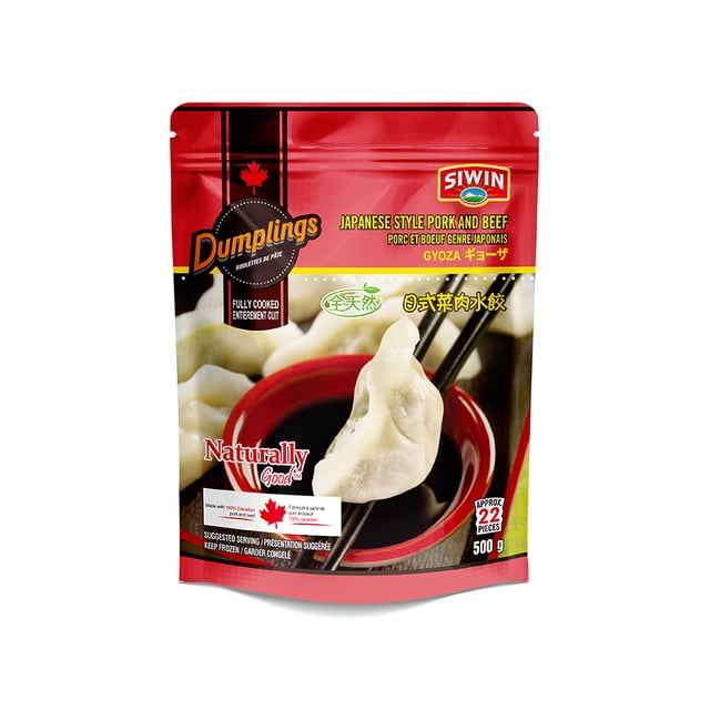 Siwin Frozen Japanese Style Pork & Beef Dumpling package in a red resealable bag showing a dumpling held by black chopsticks over a red bowl of soy sauce, fully cooked with approximately 22 pieces weighing 500 g, suitable for boiling, pan-frying, steaming, or soup.
