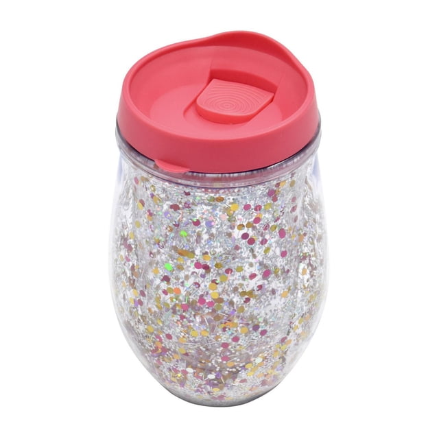 Mainstays Tasse d'Été 310 ml à Double Paroi avec un Corps Transparent à Double Paroi Décoré de Pois de Confettis Multicolores et d'Un Couvercle à Bouton-Poussoir Activé par le Pouce en Rose Corail, Convient à l'Usage Quotidien au Bureau Ou à l'Extérieur comme Vaisselle de Boisson.
