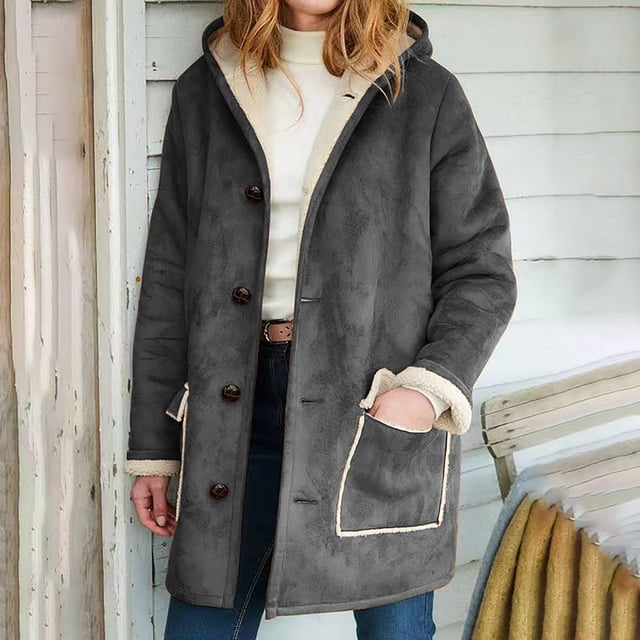 LOVZFMLL Jackets for Women Winter Warm Composite Button Hooded Jacket Outwear Solid Color Coat