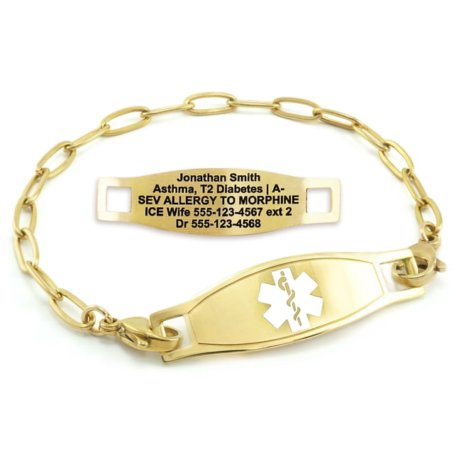 MedicEngraved Yellow Gold Stainless Steel Custom Medical Alert Bracelet - 4mm Paperclip Link