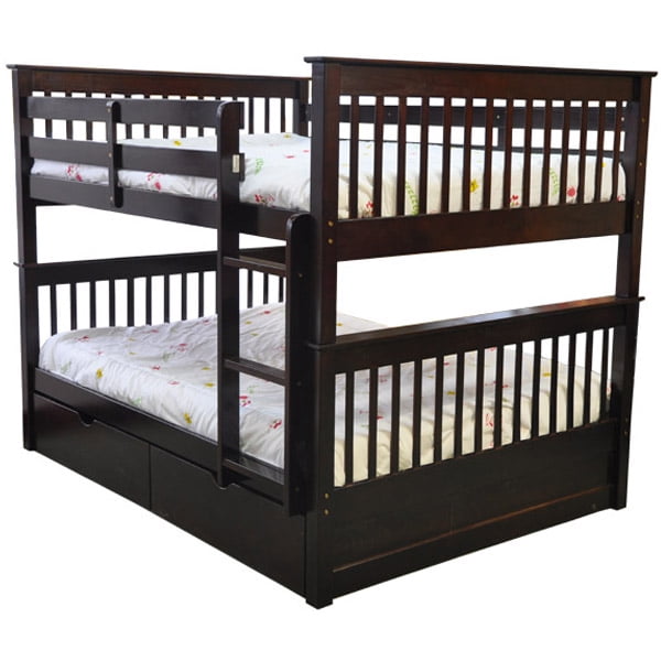 Sydney Full over Full Bunk Bed with Drawers made of solid pine wood, featuring a dark wood finish. The bunk bed includes two under-bed storage drawers for added functionality. It accommodates up to four sleepers comfortably, with a weight capacity of 300 lbs for the top bunk. The ladder is positioned on the side and can be adjusted to either side. The bunk can be separated into two full-size beds, with a 31-inch space between the top and bottom bunks. Suitable for use with a twin trundle bed or additional under-bed drawers.