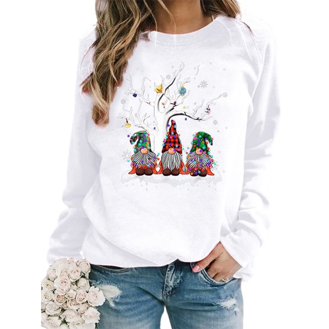 Bellella Pull pour Femmes Col Rond Sweat-Shirts de Noël Imprimé Gnome Sweat-Shirt Chaud Manches Longues Blanc 2TG
