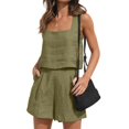 thumbnail image 3 of Womens 2 Piece Outfits Linen Square Neck Crop Tops Short Set 2023 Lounge Matching Sets Trendy Clothes Beach Summer, 3 of 8