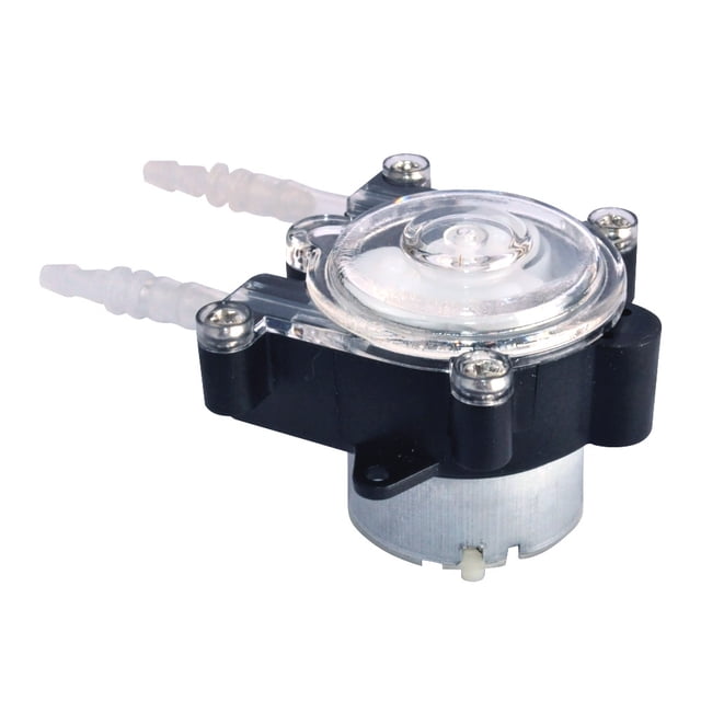 High-Peristaltic Pump Miniature Dosing Pump Peristaltic Hose Pump by TOMSHOO, designed for lab, aquarium, and chemical analysis applications. Features a compact design with a transparent pump head, stainless steel screws for corrosion resistance, and self-priming functionality. Suitable for experimentation, biochemical analysis, and pharmaceutical filling. Includes a direct current 12V motor with stable performance and low noise. The pump head allows for easy disassembly and maintenance.