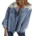 thumbnail image 1 of Womens Corduroy Shacket Jacket Long Sleeve Button Down Color Block Hooded Coat with Pockets, 1 of 7