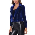 thumbnail image 4 of INSPIRE CHIC Women's Velvet Notched Lapel Zipper Cropped Motorcycle Jacket XS Royal Blue, 4 of 5