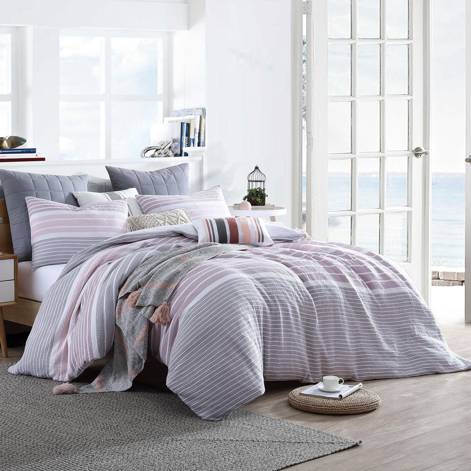 Swift Home Ensemble housse de couette en gaze à rayures teintes en fil 100 % coton, texturée, Double/Grand lit, Mauve