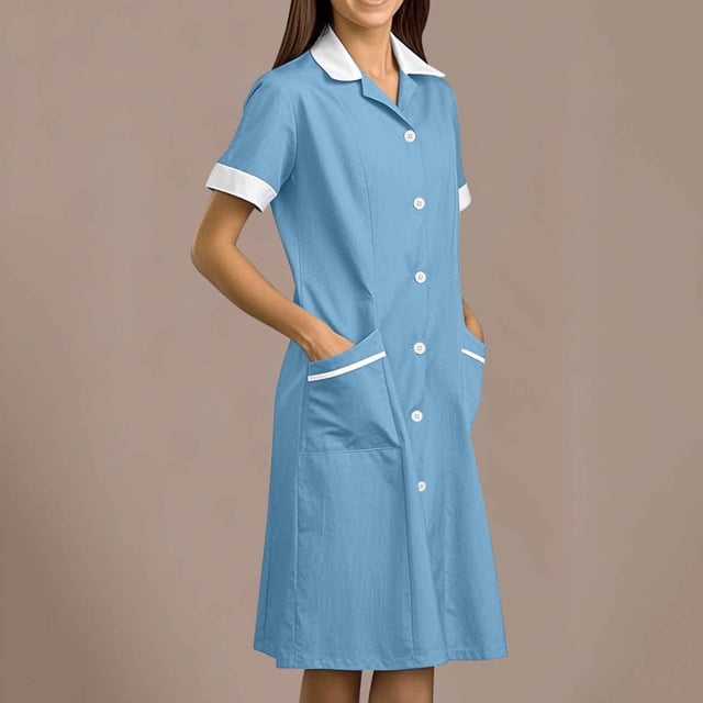 Tidyack,Reduced Price,Nurse Lapel Dress, Solid Color Work Dress, Pockets + Button Splicing, Midi Length, For Healthcare Staff, Professional Work Attire, Cotton Blend, Clean Cut, Daily Uniform