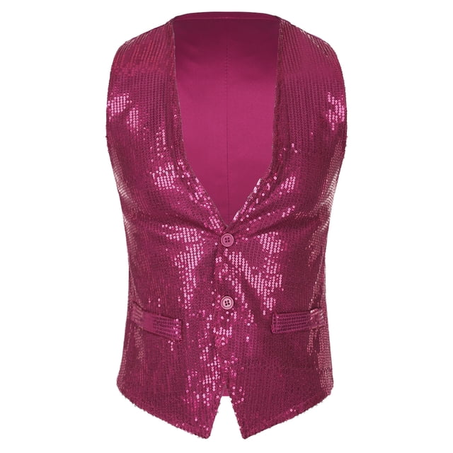 Doomiva Men Shiny Sequins Vest Button Sleeveless Slim Fit Waistcoat Club Prom Party Performance Dance Jacket Hot Pink 3XL