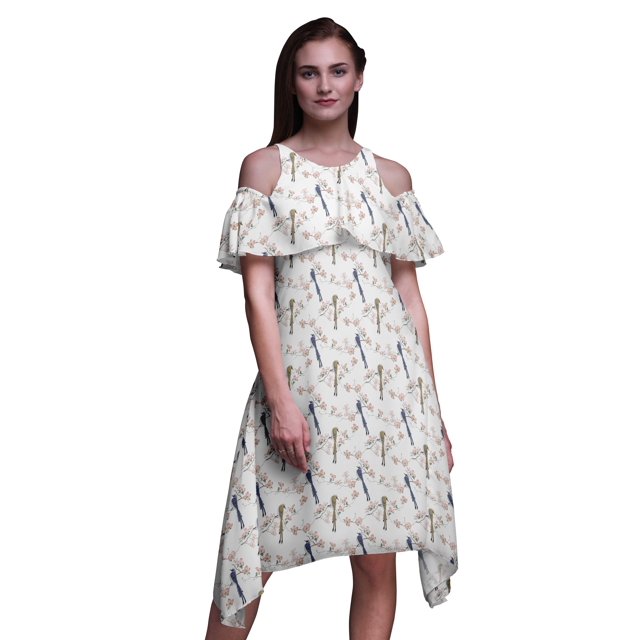 Bimba Robe à Volants Imprimée Oiseau Blanc pour Femmes Épaules Dénudées - TTTG